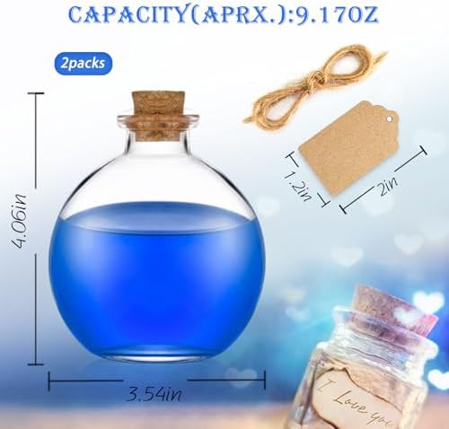 2 pack Glass Potion Bottles with Corks 9oz Empty Spherical Jars for DIY Crafts Decorative Clear Ball Bottle with Wood Stopper for Halloween Decor