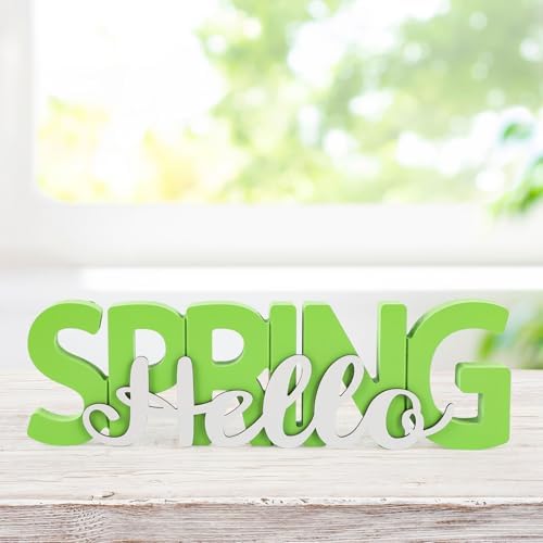 COCHIE Wooden Hello Spring Sign, Spring Decorations for Home, Office, Shelf, Mantel, Indoor, Wood Spring Decor, Spring Table Top Party Decoration (Hello Spring)