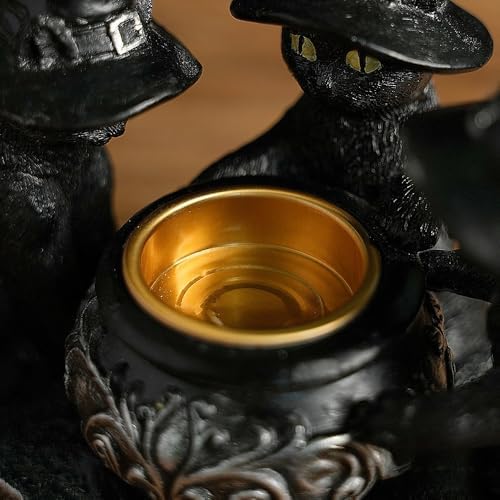 Halloween Black Cat Witches Tealight Candle Holder, Gothic Resin Statue with Decorative Cauldron, Indoor Home Decor (Black)