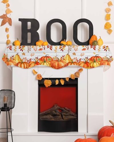 Fall Mantel Scarf for Fireplace, Red Orange Pumpkin Leaf Farmhouse Wood Plank Fireplace Cover Decorations Indoor Thanksgiving Mantel Top Scarf Runner for Seasonal Autumn Holiday Party, 17 x 70 Inch