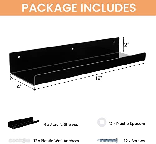 upsimples 4 Pcs 15" Acrylic Shelves for Wall Organize and Display, Black