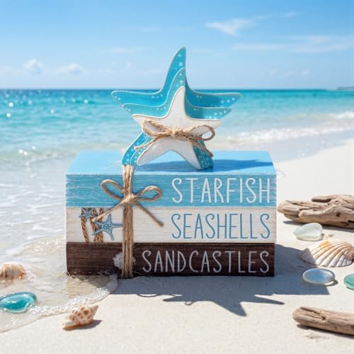 Geelin 4 Pcs Summer Beach Tiered Tray Decor Wooden Book Stack Signs, Starfish Seashell Coastal Nautical Table Centerpiece for Shelf Coffee Bar Home Kitchen Beach House Decorations