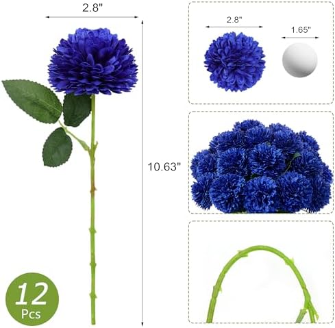SITUMEIZI 12 Pcs Blue Artificial Chrysanthemum Flowers, Fake Mums
