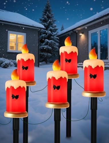 10.5FT Christmas Pathway Lights, 5PK LED Candle Yard Stake Lights