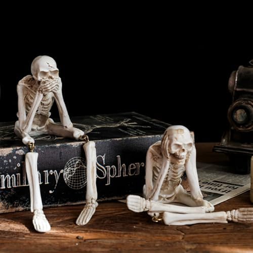 OwMell Set of 3 No Evil Skeletons Statue, Skull Figurine Gothic Home Décor