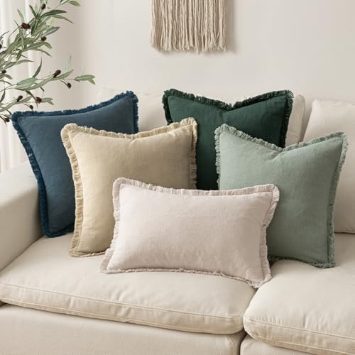 MIULEE Linen Fringe Decorative Euro Throw Pillow Covers Navy Blue 22x22