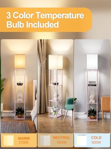 Pink Floor Lamp with Shelves for Living Room, Shelf Floor Lamp with 3 CCT LED Bulb, Corner Display Standing Column Lamp