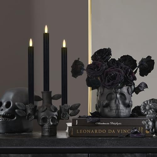 GenSwin Black Flameless Taper Candles with Remote, Halloween Flameless Candles Battery Operated, LED Halloween Candlesticks with 3D Wick for Home Decor(Set of 3, 0.78” x 9.6”)