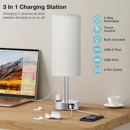 Fenmzee Grey Bedside Lamp for Bedroom, Dimmable Touch, USB A+C, AC Outlet