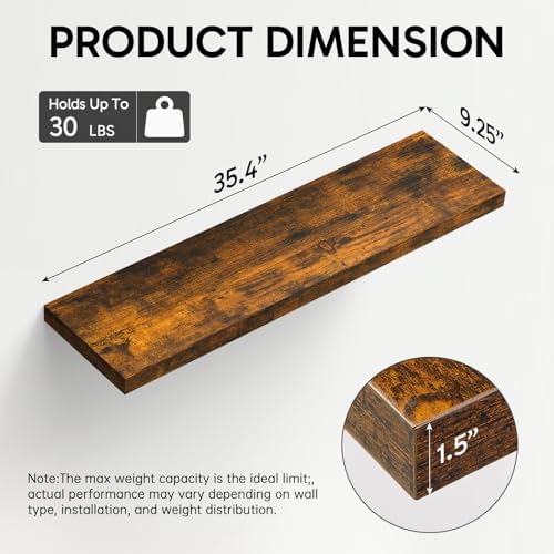 BAYKA Rustic Brown Floating Shelves 35.4in, Set of 2, Wall Mount Wood Shelf