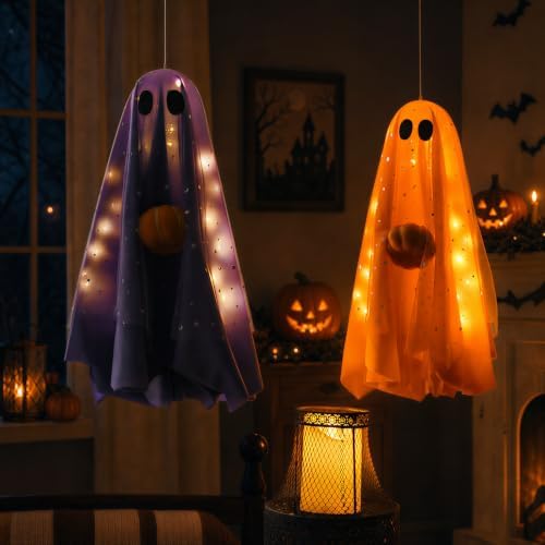 3 Pcs LED Light Up Hanging Ghosts, Halloween Decorations Outdoor
