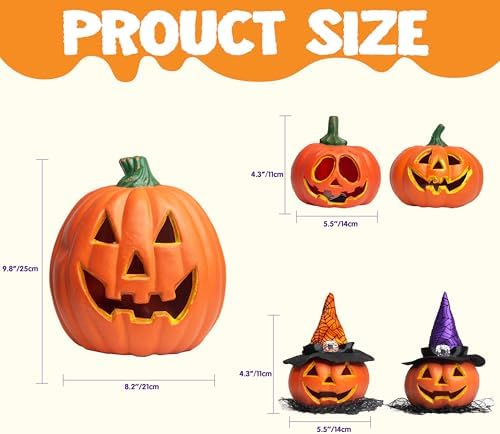 JOYIN 5 Pcs Light Up Halloween Pumpkin Decor Jack O Lantern Decorations Outdoor Indoor, Halloween Props Plastic Pumpkins Large Trick Or Treat Table Top Home Room Party Yards Supplies Favors