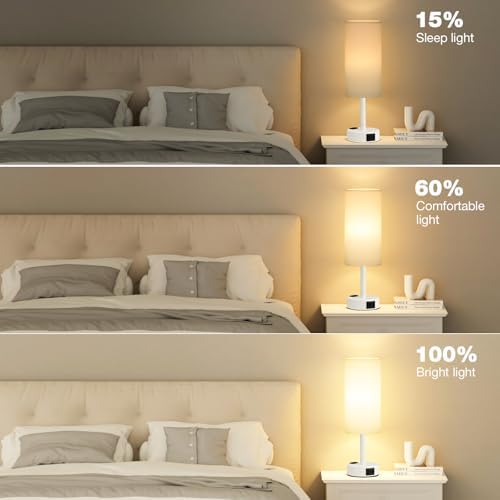 Fenmzee White Bedside Lamp for Bedroom, Dimmable Touch, USB A+C, AC Outlet