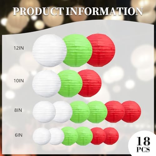 18Pcs Green Red White Paper Lanterns for Parties, 6” 8” 10” 12” Chinese Asian Hanging Round Paper Lanterns for Birthday Wedding Halloween Christmas Home Decor Party Decor
