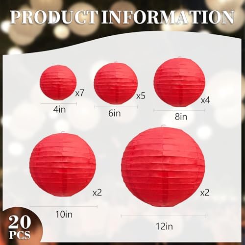 20Pcs Red Paper Lanterns for Parties, 4” 6” 8” 10” 12” Chinese Asian Hanging Round Paper Lanterns for Birthday Wedding Halloween Christmas Home Decor Party Decor