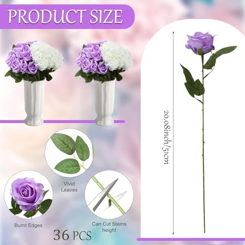 36 Pcs Silk Purple White Rose Bouquet Bridal Artificial Flowers