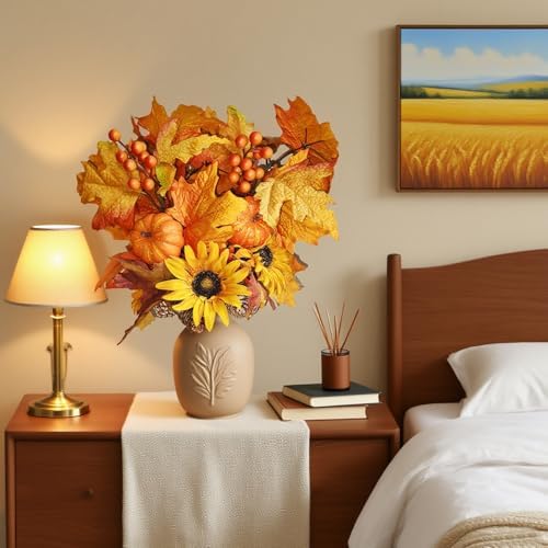 Fall Flowers Artificial for Decoration,16.9 In Fall Floral Stems Picks with Pumpkin Pinecone Sunflower Berry Maple Leaf Stem for Autumn Harvest Thankgiving Home Table Centerpiece Floral Arrangements
