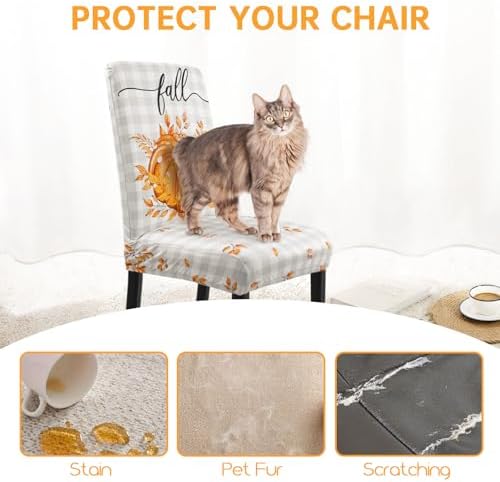 Fall Chair Covers Set of 4 Neutral Gingham Pumpkin Parsons Chair Slipcovers