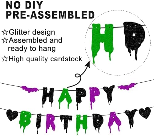 Happy Birthday Halloween Banner NO DIY Glitter Halloween Birthday Party Decorations for Home Office Wall Mantle Scary Party Decorations (Black Green Purple)