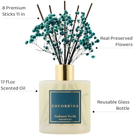 COCORRÍNA Reed Diffuser - Cashmere Vanilla 17 Fl.oz Reed Diffuser with 8 Sticks Scented Diffuser with Preserved Flowers
