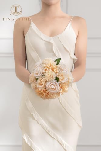 TINGE TIME 23pcs Artificial Wedding Flower Combo, Rose Dahlia Champagne