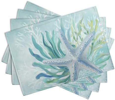 Nautical Coastal Placemats Set of 4 Ocean Coral Starfish Seagrass Beach Theme Table Mat 12x18 Inch Teal Turquoise Blue Summer Linen Fabric Place Mats for Party Kitchen Dining Outdoor Indoor Decor