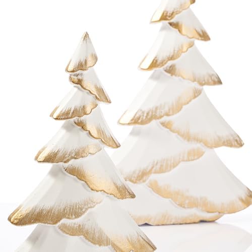 RM ROOMERS Christmas Tree Figurines Wood, 2PCS White & Gold Tabletop Trees