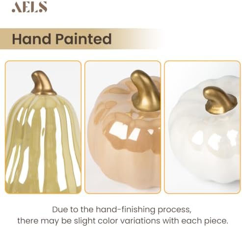 AELS Modern Ceramic Pumpkins Fall Decor Indoor, Cozy Farmhouse Tabletop Decorations, Artificial Pumpkins Decor for Fall Table Runner, Office, Holiday Party Home, Set of 3 Neutral Tones