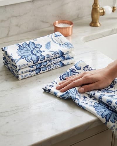 Taran Living Premium Cotton Cloth Napkins Set of 4, 18x18 Inch Reusable Dinner Napkins, Soft Washable Oversized Fabric Napkins for Dining Table, Weddings, Parties & Everyday Use, Blue Floral