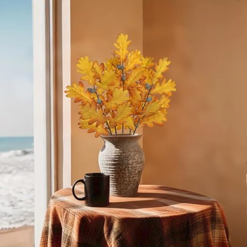 GnFlus 5 Pcs Artificial Fall Oak Leaves Stems 19.6” Fake Autumn Foliage Branches for Home Kitchen Farmhouse Vase Thanksgiving Table Centerpieces Party Halloween Decor Yellow