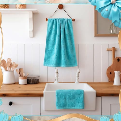 Mindsoft 2 Pcs Fall Hand Towels 3D Pumpkin Jacquard,Teal