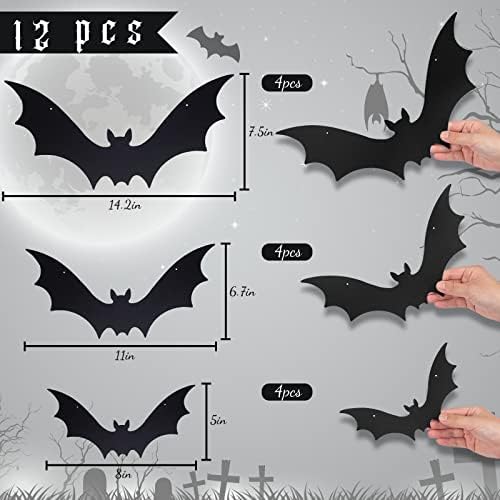 Plastic Bats Halloween Decorations, 12 PCS Large Black Hanging Bats