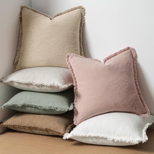 MIULEE Boho Linen Fringe Decorative Throw Pillow Covers Light Pink 18x18