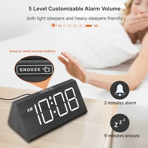 DreamSky Wooden Digital Alarm Clock for Bedroom Living Room, Large Numbers