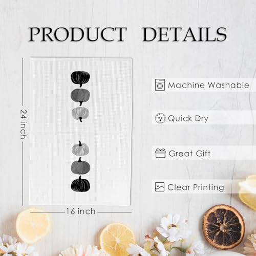 Black Fall Pumpkin Decor Kitchen Towels and Dishcloths Set of 2, Halloween Black Farmhouse Pumpkins Fall Decor Decorations Hand Dish Towels for Dorm Bathroom Bedroom, Autumn Tea Towel, 16×24