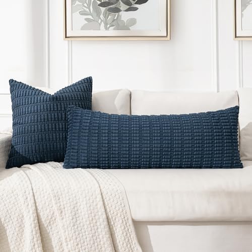 MIULEE Lumbar Corduroy Throw Pillow Cover for Bed 14x36 Blue Pack of 1