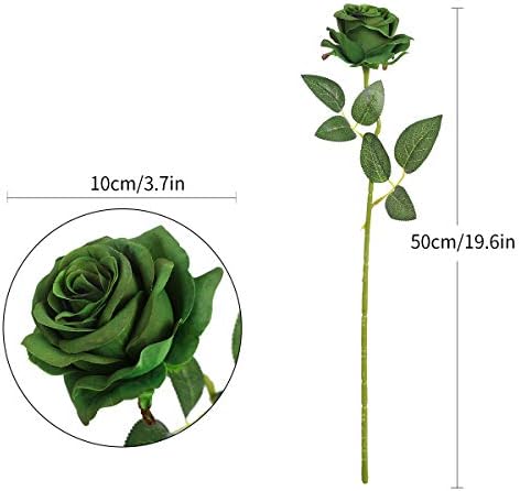 10pcs Dark Green Roses Artificial Flowers, Realistic Faux Rose with Stem