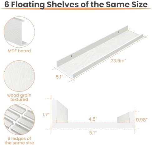 upsimples Floating Shelves for Wall Decor and Storage, White, 6Pcs 23.6''