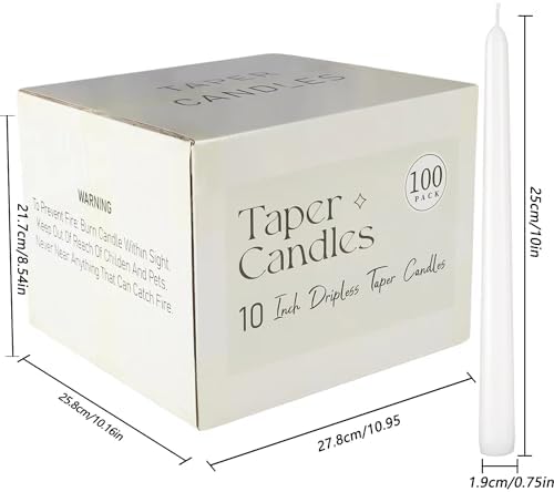 YOROXRG 100Pack White Taper Candles, 7-8 Hours Burn Time, Unscented, Smokeless and Dripless, 0.75 x 10 Inch Dinner Candle Set for Household, Wedding, Party and Home Décor Candlesticks