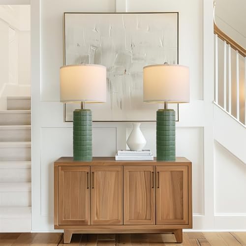PoKat 27.5" Dark Green Ceramic Table Lamps for Living Room, Farmhouse Table Lamps Set of 2 for Bedroom Night Stands