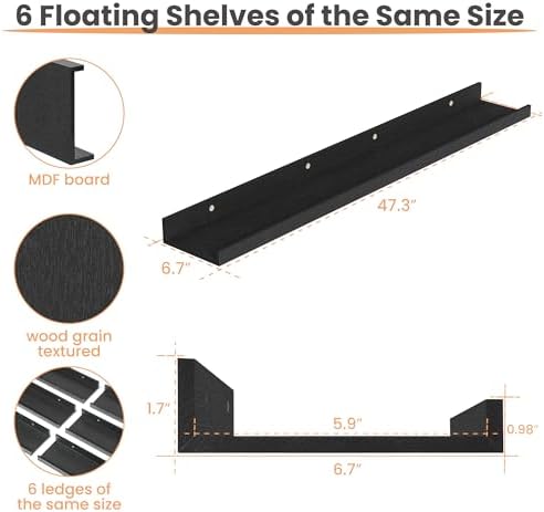 upsimples Floating Shelves for Wall Decor and Storage, Black, 6Pcs 47.3''