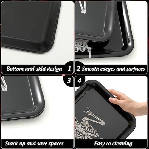 Whaline 3Pcs Halloween Serving Trays Black Skeleton Plastic Platter Serving Dishes Reusable Trays for Party Sharing Snack Fruit Dessert Supplies, 10 x 13 Inch