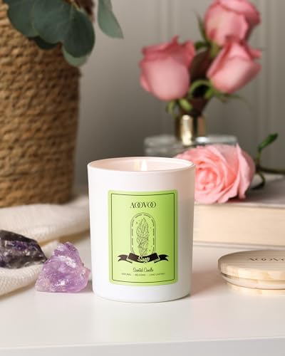 AOOVOO Sage Scented Candles for Women - Aromatherapy Candle with Crystals Inside, 7oz Soy Candles for Home Scented