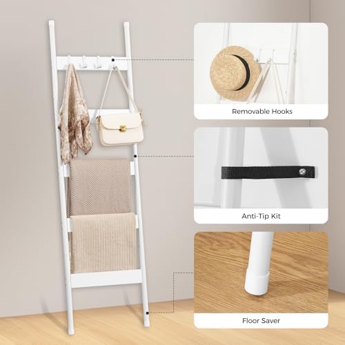 HOOBRO Blanket Ladder, 5-Tier Towel Rack with Hooks, Wall-Leaning Blanket Rack, Decorative Display Ladder Shelf, for