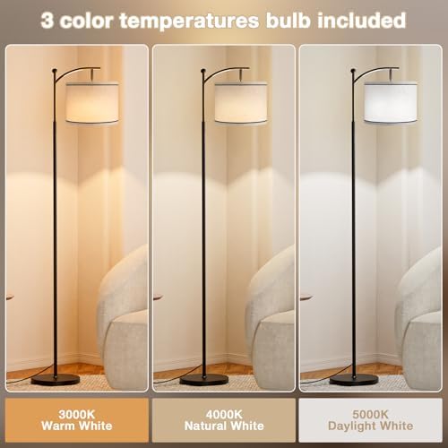 Ambimall 60" Floor Lamp for Living Room with 3 Color Temperatures, Beige Lampshade with Black Stripes, Tall Lamp for