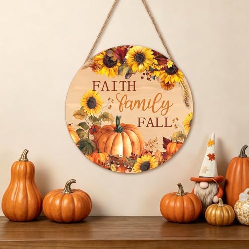 Faith Family Fall Front Door Sign Fall Sunflower Pumpkin Door Decorations Wood Sign Autumn Harvest Wreath Door Hanger Farmhouse Fall Plaques Wall Hanging Decoration for Home Proch Yard 12"x12"