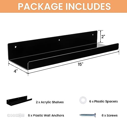 upsimples 2 Pcs 15" Acrylic Shelves for Wall Organize and Display, Black