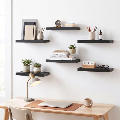 Fixwal Floating Wall Shelves for Decor (Black, Set of 6, 15.7 Inch)