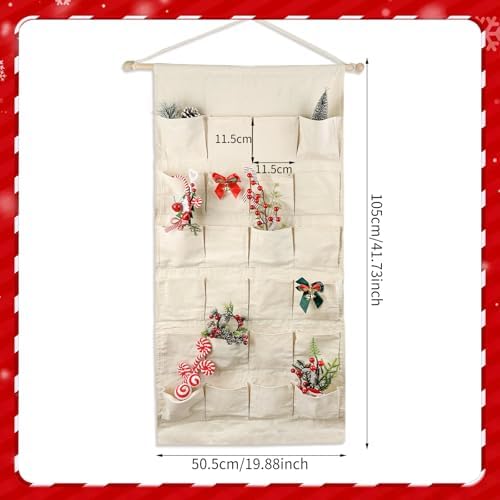 Fabric Christmas Advent Calendar with Pockets,Christmas Advent Calendar,Reusable Natural 24 Days Countdown Advent Calendar Hanging Storage Bag for Xmas Holiday Home Wall Decoration