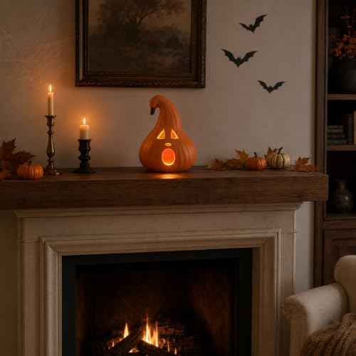Evelyne Halloween Decoration – Light-Up Jack-O’-Lantern Ghost Face with Curved Stem – Indoor Tabletop Fall Decor, Pumpkin – Cute Spooky Autumn Accent for Home or Office